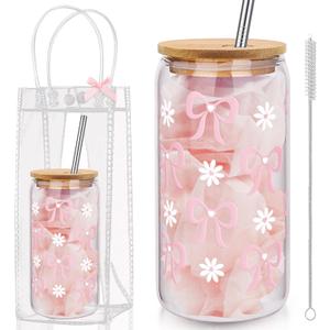 Coquette Bow Aesthetic Cup with Clear Gift Bag 16 oz Glass Cups with Lids and Straws Trendy Iced Coffee Tumbler for Girls Sister Girlfriend Birthday Valentines Gifts Wedding Bridesmaid Bride Favor