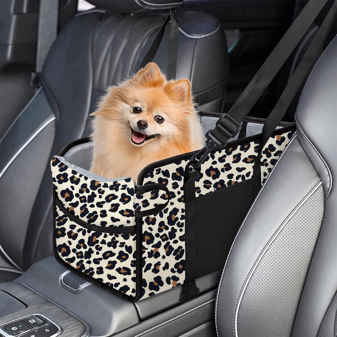 Portable Dog Car Seat for Small Dogs - Adjustable Safety Leash, Washable Cushion & Storage Pocket - Pet Booster Seat for Car Travel- Leopard, Small