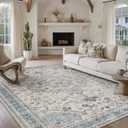 PureCozy Blue 8x10 Area Rug for Living Room Vintage Machine Washable Large Rug Non-Slip Soft Low Pile Carpet Floral Stain Resistant Indoor Office Throw Rug for Bedroom Dining Room Nursery