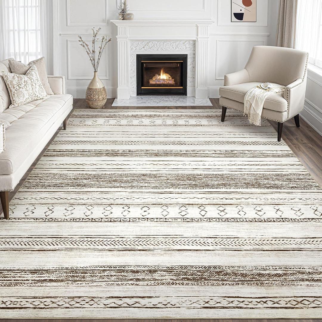 Tortania Area Rug Living Room Rugs - 8x10 Washable Large Soft Neutral Boho Moroccan Bohemian Farmhouse Rug Indoor Floor Carpet for Bedroom Under Dining Table Home Office Decor - Cream Brown