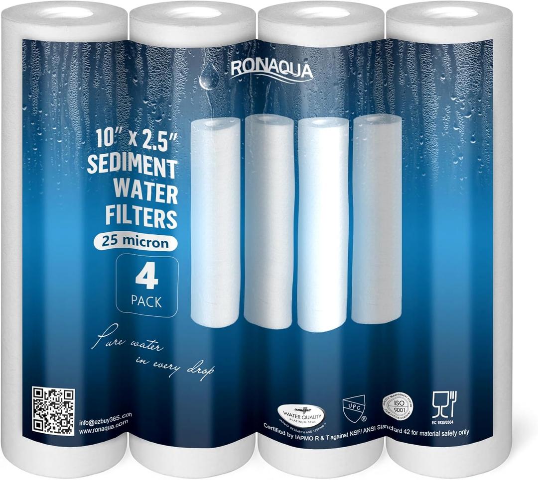 Ronaqua 25 Micron Sediment Water Filter Cartridge 10"x2.5", NSF Certified, 4-Layer Filtration for any 10-inch RO Units & Whole House Systems, Compatible with Culligan P5, AP110, WHKF-GD05, 4 Pack