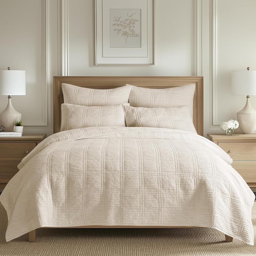 Levtex Home Cloud Waffle King/Cal King Quilt Set (106x92in) and 2 Pillow Shams (36x20) - Box Quilted Waffle Texture - Undyed Cream - Cotton King Size Quilt Bedding Set - Lightweight Soft Pre-Washed