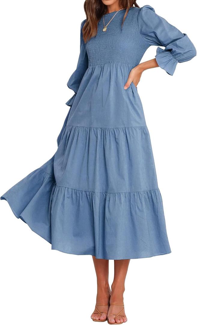 BTFBM Women Casual Long Sleeve Dress Fall Dresses 2024 Solid Color Relaxed Fit Smocked Tiered Flowy Boho Long Dresses(Solid Grey Blue, X-Large)