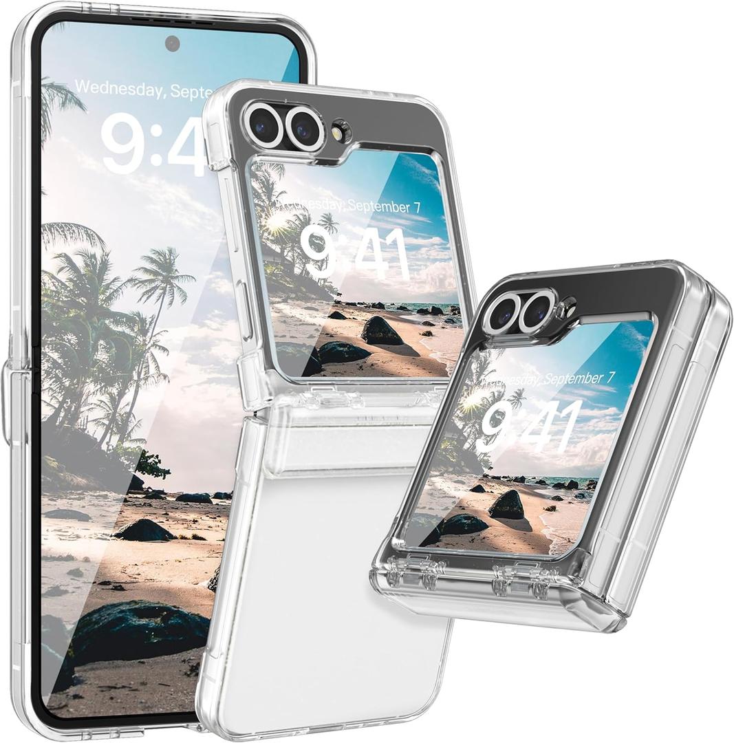 FABSPARK Case for Samsung Galaxy Z Flip 6 Built-in Screen Protector,Hinge Protection,Crystal Clear Transparent Anti-Yellow Slim Fit Acrylic Hard PC for Samsung Z Flip 6 Case,Clear