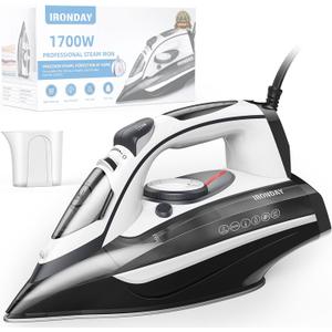 IRONDAY Steam Iron for Clothes 20s Fast Heat-up,1700W Iron with 14.07oz Large Water Tank,Non-Stick Ceramic Soleplate, Anti-Drip, Auto-Off, Burst Steam, Self-Cleaning, Ironing Clothes for Home, Grey
