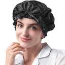 YFONG Double Layered 100% Mulberry Silk Bonnet for Sleeping Women, 22 Momme 6A Luxury Silk Sleep Cap with Elastic Band & Tie, Natural Night Wrap for Hair Care Short Long Curly Hair, Black