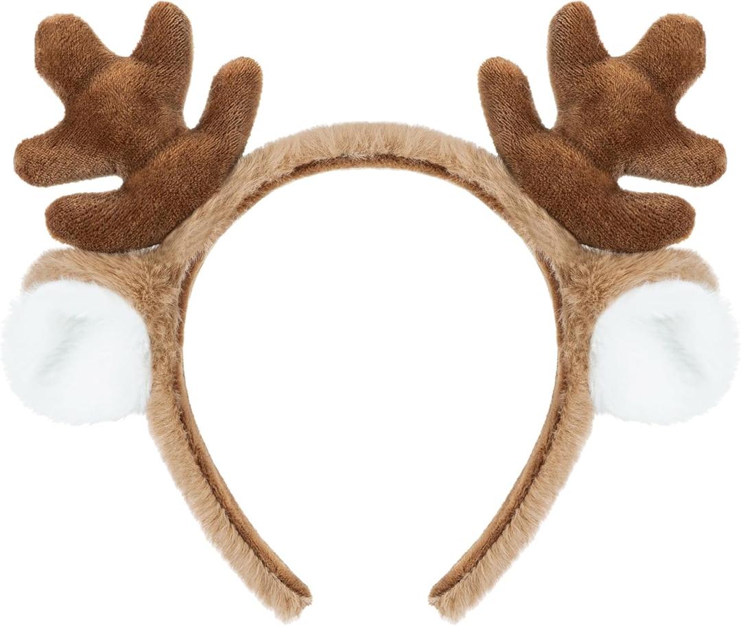 Edoneery Reindeer Antlers Headband for Women, Christmas Furry Deer Antlers Animal Ears Hairband for Cosplay Party Costume