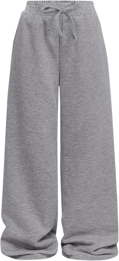 Girls Wide Straight Leg Loose Sweatpants Elastic Waist Drawstring Jogger Pants Grey F 11-12Y (Gray)