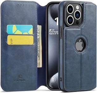 Casus Logo View Compatible with iPhone 15 Pro Wallet Case Slim Faux Leather with Card Holder Slot Thin Magnetic Flip Cover (2023) 6.1" (Blue)