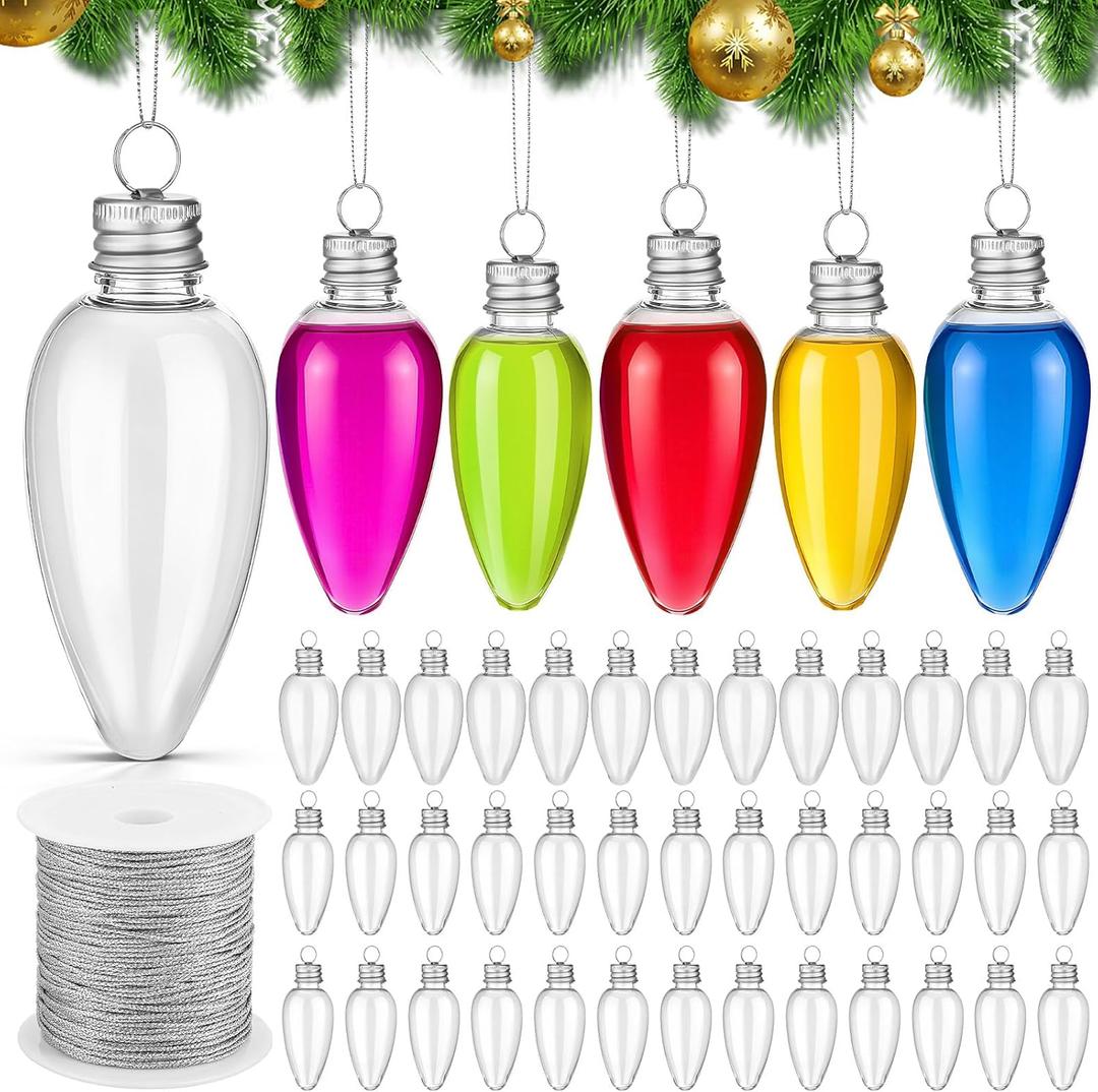 Wettarn 50 Pcs 3.4 Inch & 4 Inch Fillable Christmas Ornaments Clear Plastic Light Bulb Hanging Ornaments with Screw Off Caps and Silver Rope for Christmas Tree Decoration Candy DIY Crafts