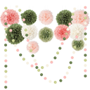 Wedding Party Decorations Set, 15 PCS Pink Sage Green Tissue Paper Pom Poms Dots Paper Garland String Hanging Decor for Bridal Shower Baby Shower Engagement Birthday Spring Summer Party