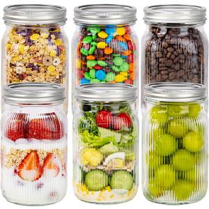 LUODA MirthMood 32 OZ Wide Mouth Mason Jars, 6 Pack Glass Mason Jars With Airtight Lids, Quart Mason Jars Wide Mouth For Fermenting, Pickling, Freezing, Preserving, Meal Prep, Jar Decor