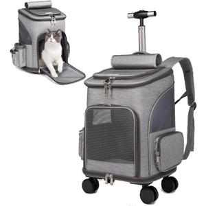 Wheeled Pet Carrier Backpack Pet Stroller, Travel Carrier, Car Seat for Small Dogs Cats Puppies, Comfort Cat Backpack Removable Rolling Wheels Mesh Ventilation Windows (Grey)