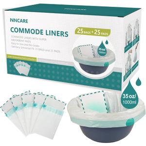 Commode Liners with Absorbent PadsValue Pack 25 Count Universal FitDisposable Bedside Commode Liners and Pads for Adult Portable Toilet(25Bags + 25Pads)