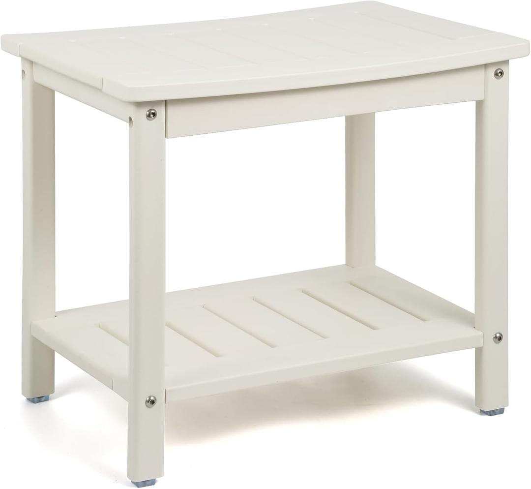 Apolimi HDPE Shower Bench, Shower Stool with Storage Shelf 2-Tier Spa Stool for Inside Shower,Water Resistant & Non-Slip Design Shower Seat (White L Size)