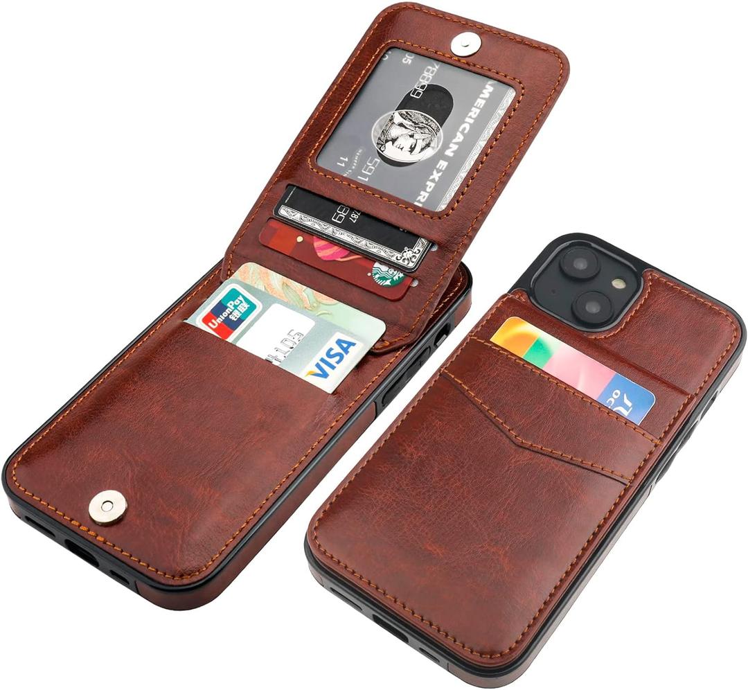 KIHUWEY Compatible with iPhone 14 Case Wallet with Credit Card Holder, Flip Premium Leather Magnetic Clasp Kickstand Heavy Duty Protective Cover for iPhone 14 6.1 Inch (Brown)