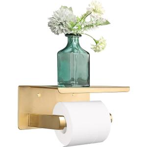 NearMoon Toilet Paper Holder with Shelf, Heavy Duty Bath Toilet Roll Holder with Phone Shelf Tissue Hanger for Bathroom/Kitchen No Drill or Wall Mounted(304 Stainless Steel, Brushed Gold)
