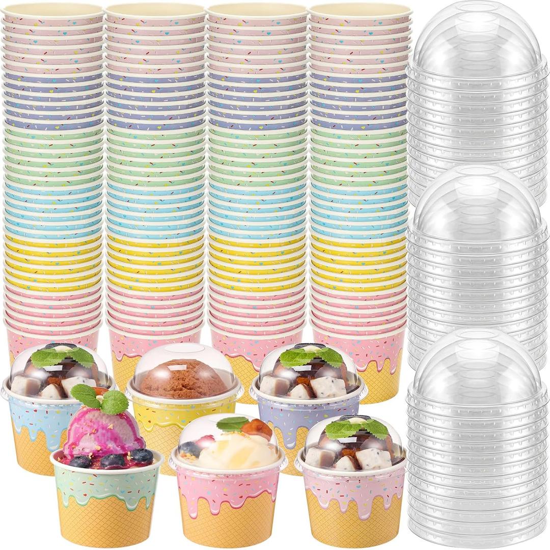 Jingmore 120 Pack 4 oz Ice Cream Paper Cups with Lids Disposable Ice Cream Bowls Paper Treat Dessert Cups 5 Colors Cake Snack Container for Hot or Cold Food Soup Yogurt Birthday Summer Party Supplies