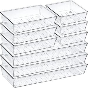 9 Pack Clear Plastic Drawer Organizer Set, Acrylic Non Slip Non Cracking Kitchen Drawer Storage Tray Large Size Divider, Multifunctional Storage for Cosmetics, Bathroom, Tools, Kitchen and Office