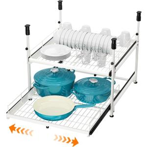 Hisencn Expandable 2-Tier Pull Out Cabinet Organizer, 13"-21" Wide Slide-Out Drawers, No-Drill Installation, Kitchen Cabinet Organizer and Storage for Pots and Pans  21" Deep, White (21"D x 13.4"-20.9"W, White)