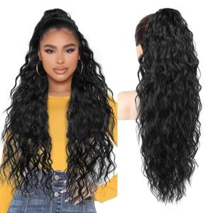REECHO Ponytail Extension 30" Long Claw Clip Ponytail Extension Curly Wavy Pony Tails Hair Extensions Clip in Synthetic Hairpiece for Women, Natural Black