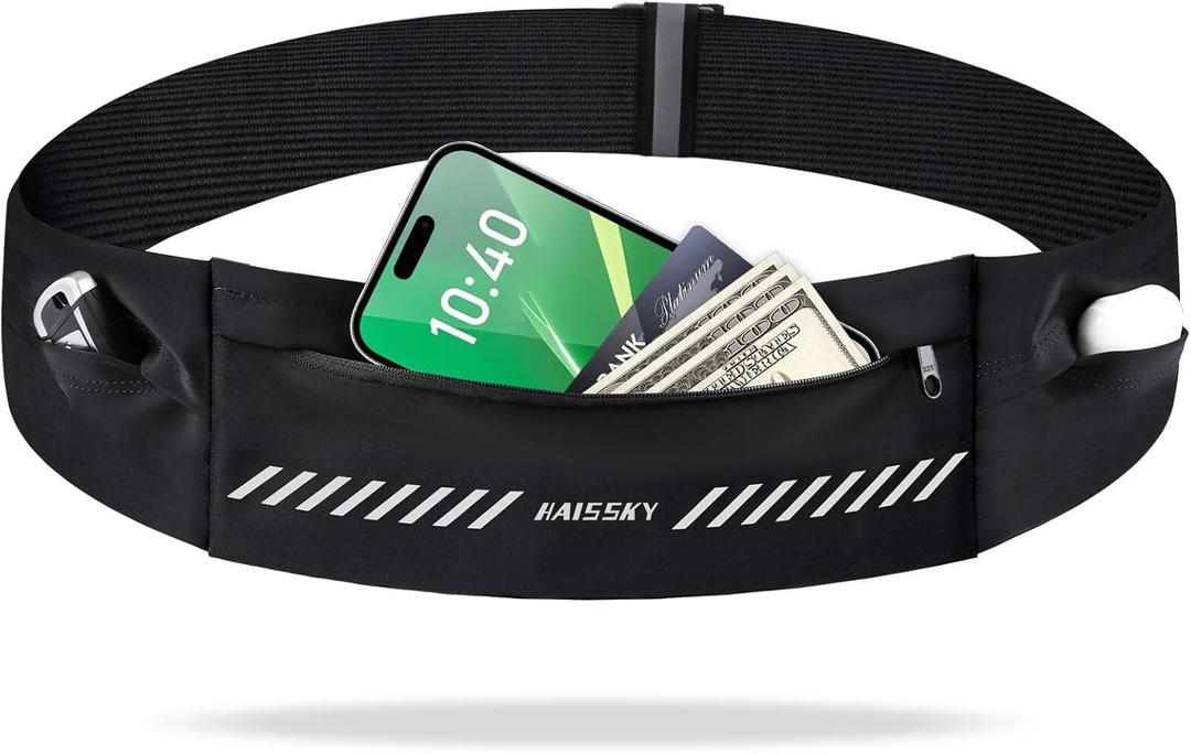 Slim Running Belt Fanny Pack for Men Women, Running Phone Holder, Waist Pack Runners Bag Money Belt with 3 Separate Pouch to Store Your Phone Key Money Safe, Waist Bag-Black