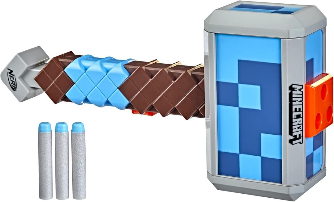 Nerf Minecraft Stormlander Dart-Blasting Hammer, Fires 3 Darts, Includes 3 Official Elite Darts, Pull-Back Priming Handle 