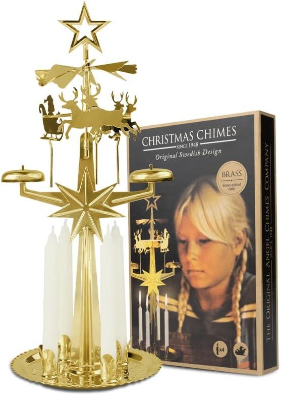 Original Swedish Christmas Chimes, Santa, Carousel and 4 Candles  Scandinavian Spinning Festive Chimes for Christmas, Best Memorial Gift Since 1948, Home Decorations - Brass