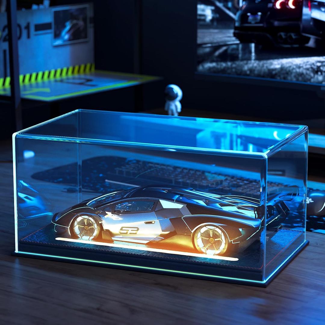 Lighted Display Case for 1/24 Scale Model Cars , No Assemble Show Case with Lights and Leather Base, Clear Acrylic Display Box for Cars Baseball Tennis Dust Proof UV Protection(11x6x5inch)