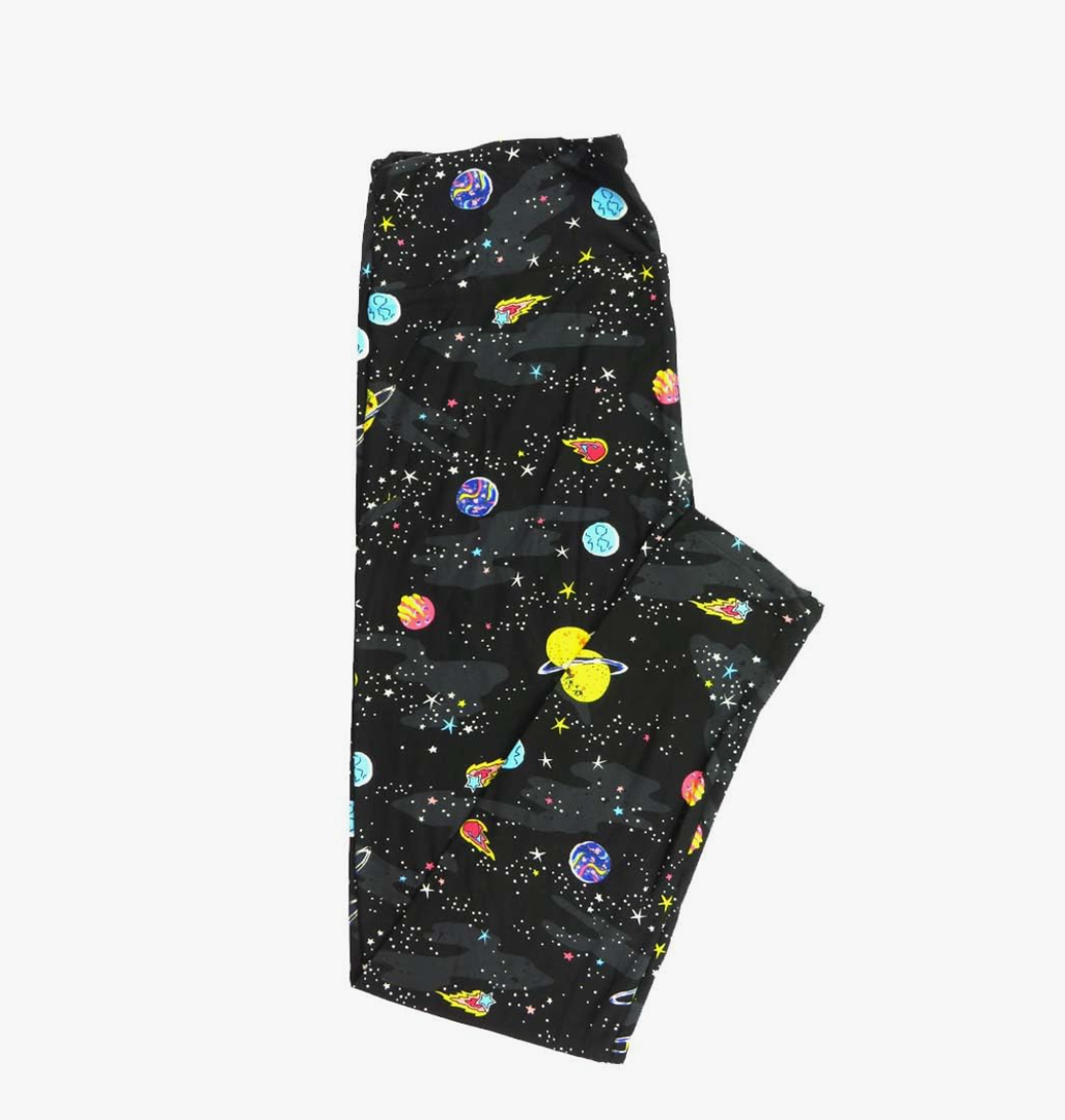 Lularoe Tall Curvy (TC fits Sizes 12-18) Space Planets Comets Shooting Stars Black Yellow Blue Gray Buttery Soft Adult Leggings, Pack Of 3