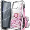 NGB Designed for iPhone 14 Plus Case, Rose Gold | Glitter Liquid Sparkle Cute Cover for Women Girls Kids | with Tempered Glass Screen Protector & Ring Holder & Wrist Strap