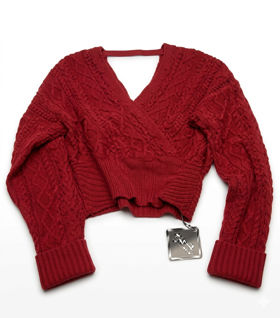 ZAFUL Women's V Neck Cable Knit Sweater Long Sleeve Ribbed Crop Tops Wrap Surplice Solid Casual Pullover Jumper, Red, Large