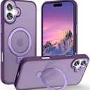 Magnetic for iPhone 16 Case with Ring Stand, [10 FT Drop Protection] [Velvety Touch] Slim Translucent Matte Back Shockproof Phone Case for iPhone 16 6.1'', Dark Purple