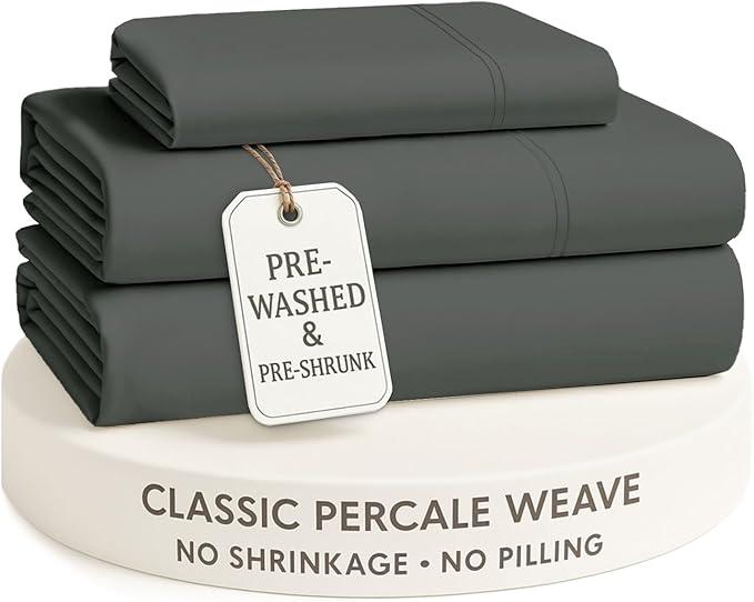 LANE LINEN King Sheets Set – Long-Staple 100% Cotton Pre-Washed Twin Sheets, Naturally Cool & Soft Percale Weave for All-Season Comfort for Dorm use, Machine Washable,15” Deep Pocket – Charcoal