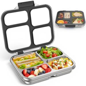 Stainless Steel Bento Box for Kids Adults with Silicone Container, Leak Proof 4 Compartments Metal Lunch Box, Removable Silicone Seal & Clear Lid Food Container for School Office, BPA-Free(Black)