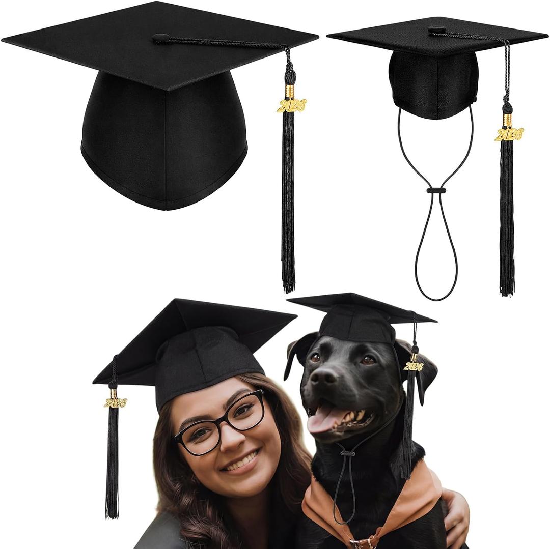 Graduation Cap Set Includes Adult and Pet Caps Dog Graduation Cap with 2026 Tassel for Adult Pet Grad Costume Dogs Cats Photo Prop Holiday Party Accessory (Black), One Size