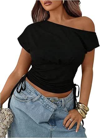 SOLY HUX Women Off Shoulder T Shirts Short Sleeve Ruched Slim Fit Tops Summer Going Out Tops M