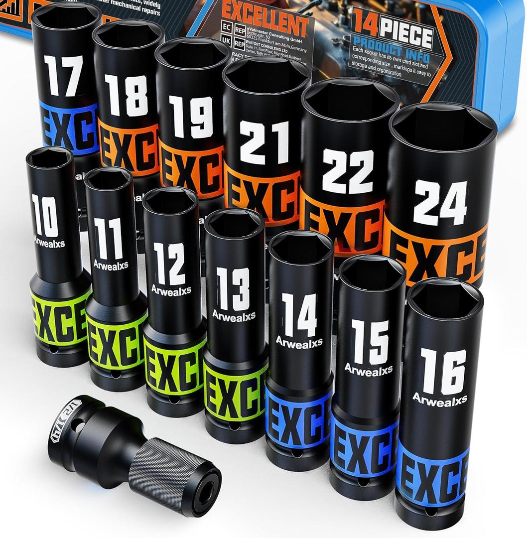 14 Piece 1/2-Inch Drive Impact Socket Set, 10-24mm Deep Sockets, 6 Point Metric Sockets for Automotive Repair, Equipment Maintenance