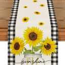 Artoid Mode Buffalo Plaid Sunflower Sunshine Vase Summer Table Runner, Spring Kitchen Dining Table Decoration for Home Party Decor 13x90 Inch