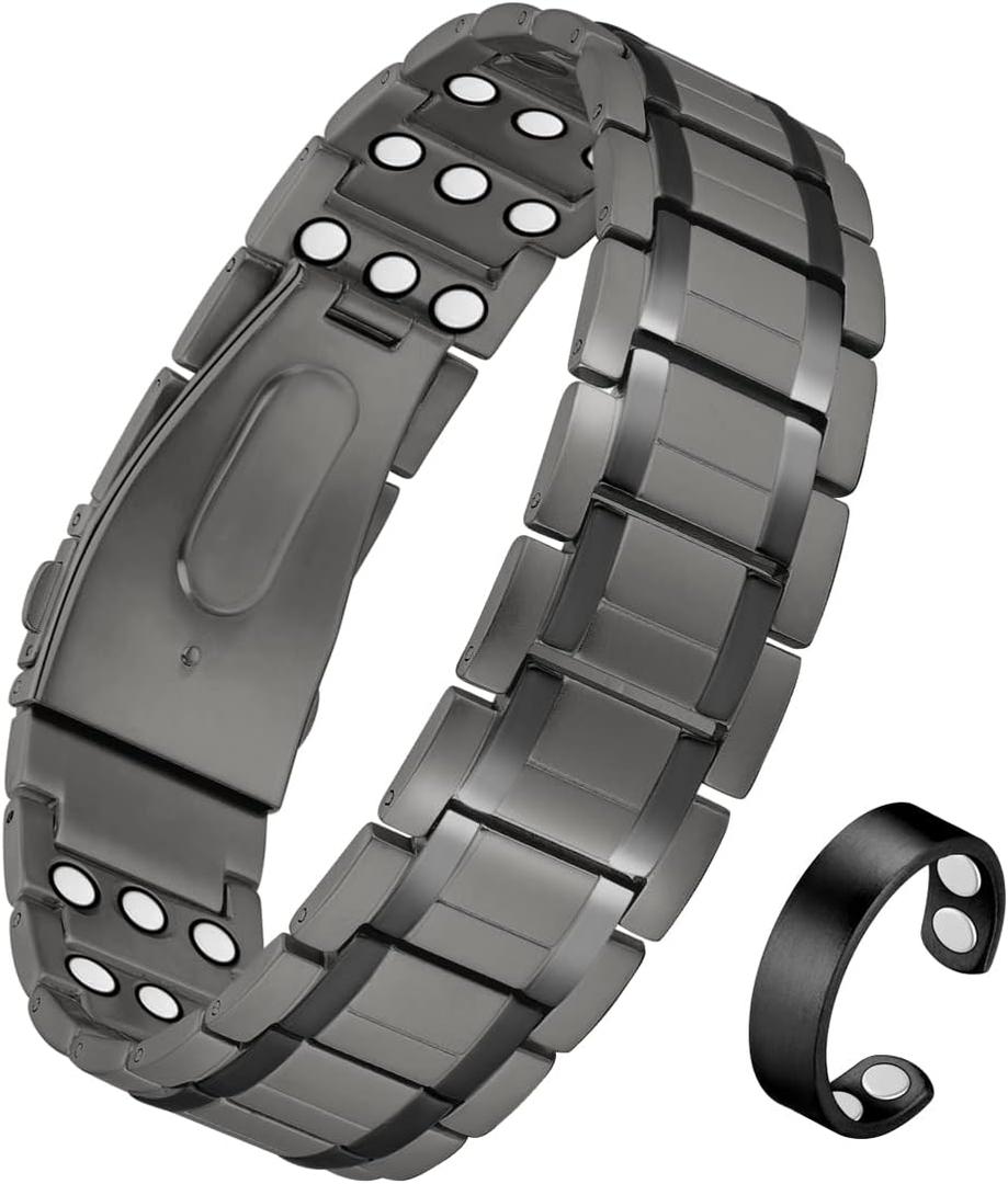 3X Magnetic Bracelets for Men Upgrade Folding Clasp Titanium Bracelet & Copper Ring Adjustable Set with Sizing Tools (Grey-new)