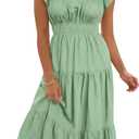 Wenrine Womens Dresses 2026 Summer V-Neck Ruffle Cap Sleeve Empire Waist Flowy Beach Midi Maxi Dress with Pockets (Green, S)