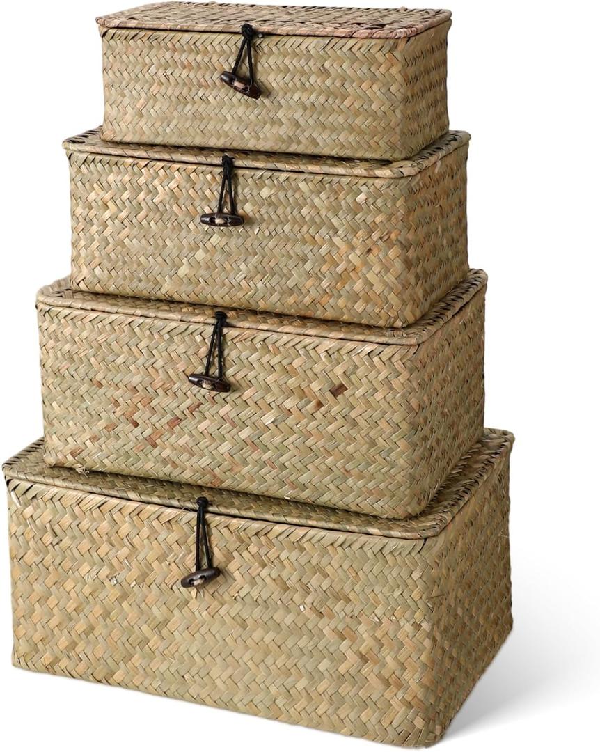 Set of 4 Wicker Baskets with Lids, Nautral Seagrass Storage Baskets, Woven Rectangular Basket Bins, Rattan Storage Organizer for Shelf Closet Bedroom(Natural Color)