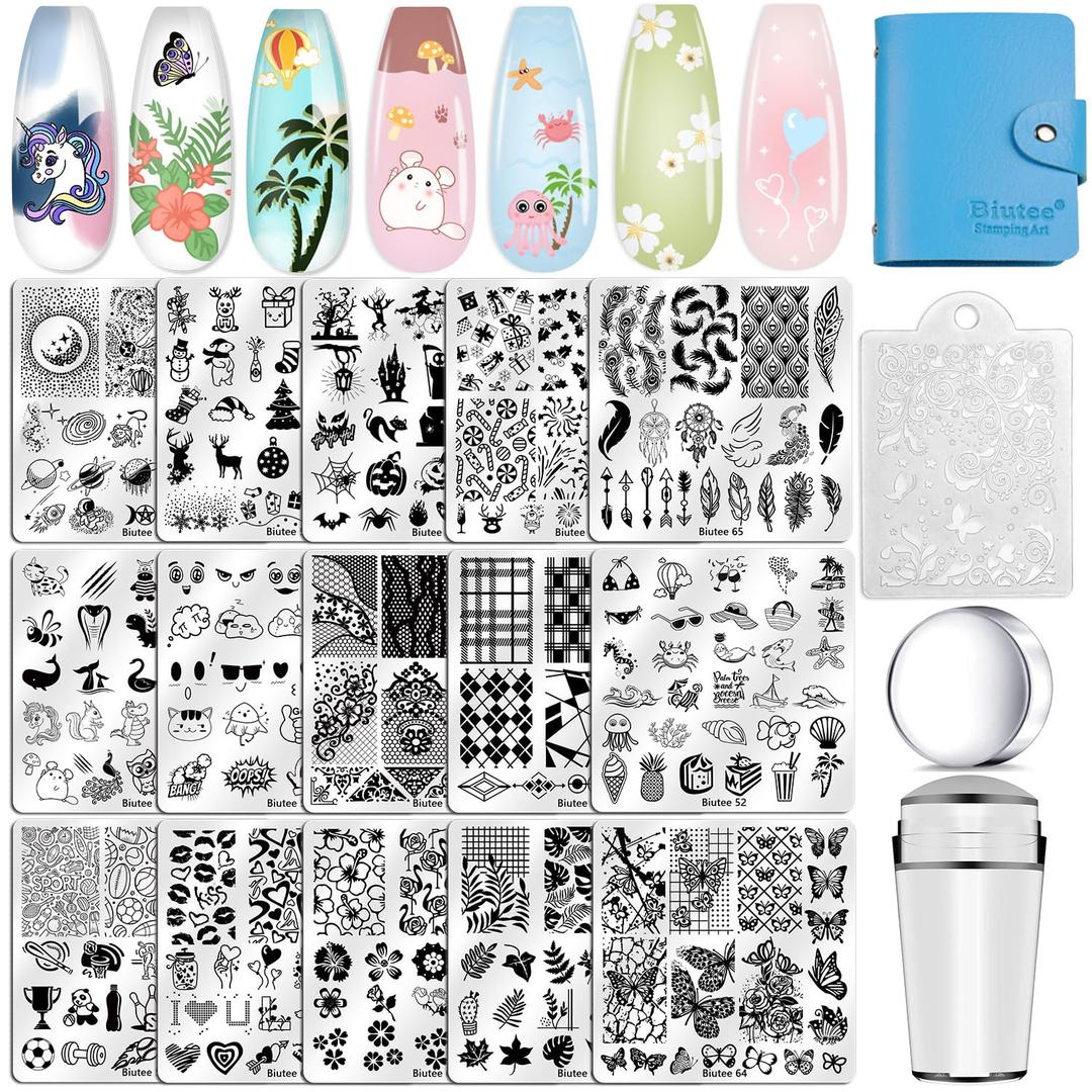 Biutee Nail Stamping Plates Set 15PCS Nail Art Stamper Scraper Nail Art Stamping Kit with Storage Bag Gift Box Nail Stamp Template Kit Lace Flower Butterfly Star Holiday Design