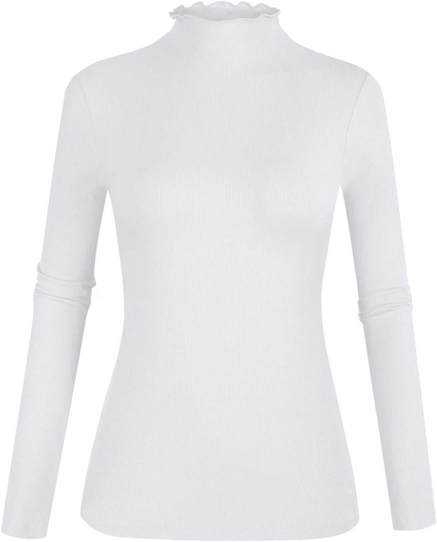 POPZONE Women's Lettuce Trim Mock Neck Long Sleeve Slim Fit Ribbed Knit Tee Shirt Tops (X-Large, 01-white)