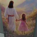 ZSHARTSWD Christian Wall Art Jesus Walking with Little Girl Pictures God Flower Field Canvas Print Religious Faith Painting for Church Kids Room Decor Framed (Beige, 24L x 16W)