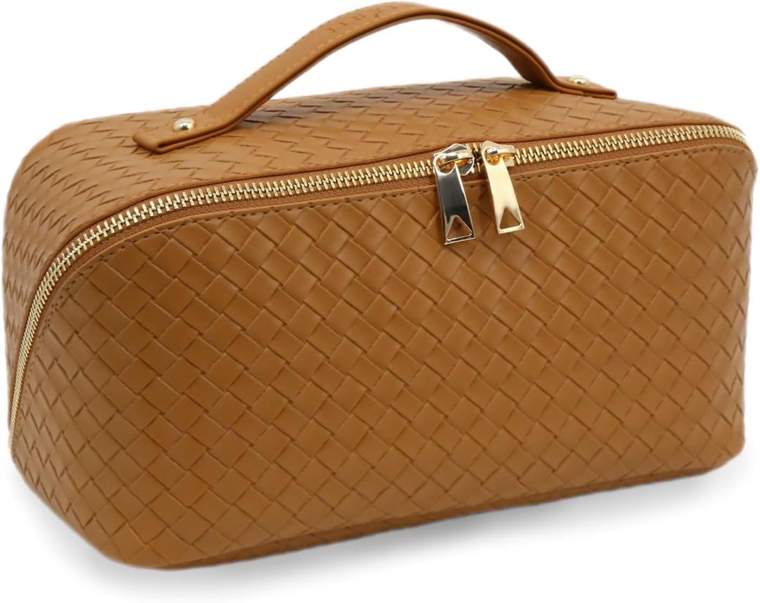Travel Makeup Bag  Large Cosmetic Organizer with Waterproof PU Leather, Smooth Double Zipper & Tear-Resistant Lining, Toiletry Pouch for Women (Caramel)