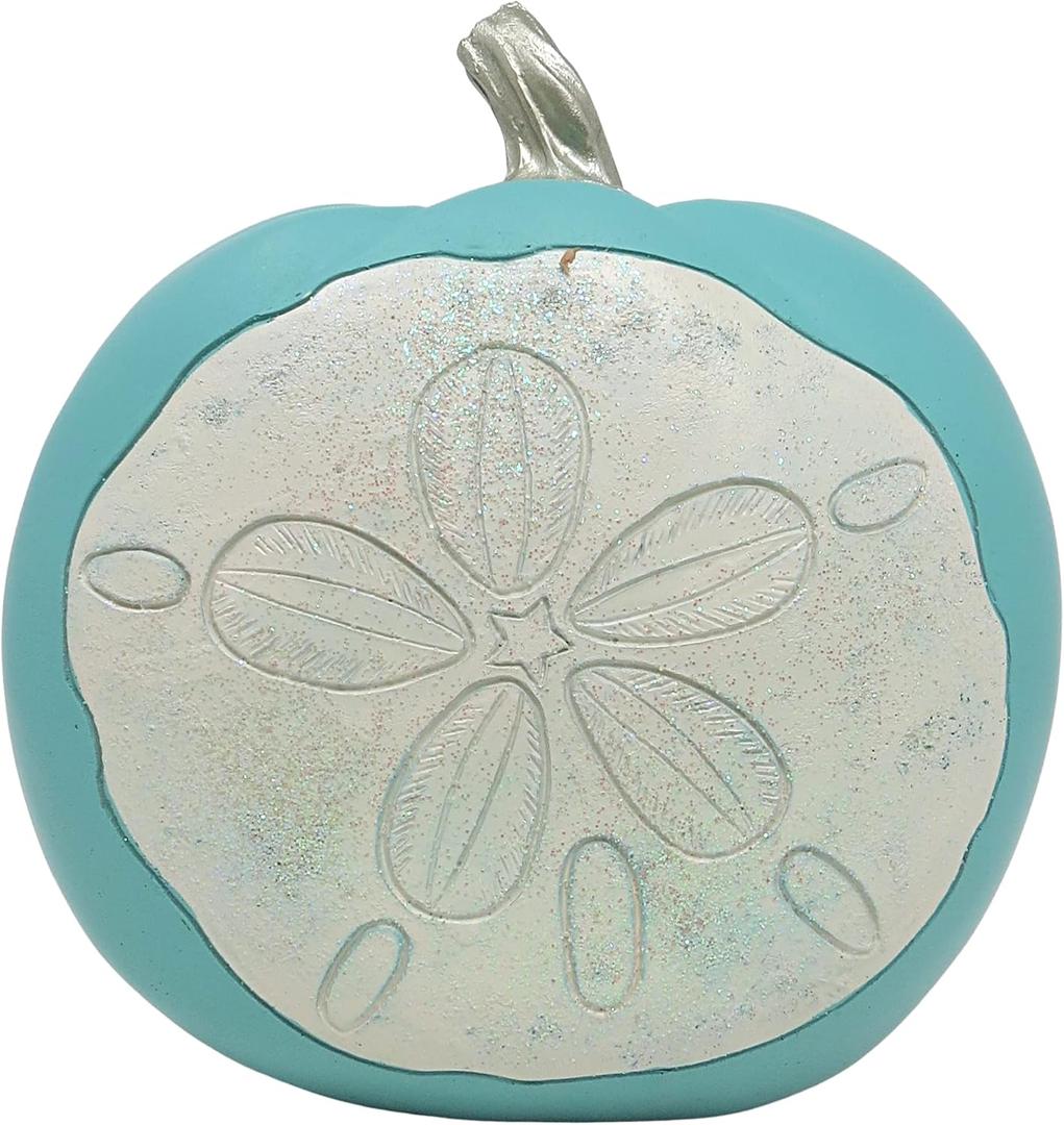 White and Turqoise Coastal Pumpkin Home Decor, Fall Beach Wedding Decoration with Cute Faux Sand Dollar Seashell, 6.75 x 3.25 x 7 inch