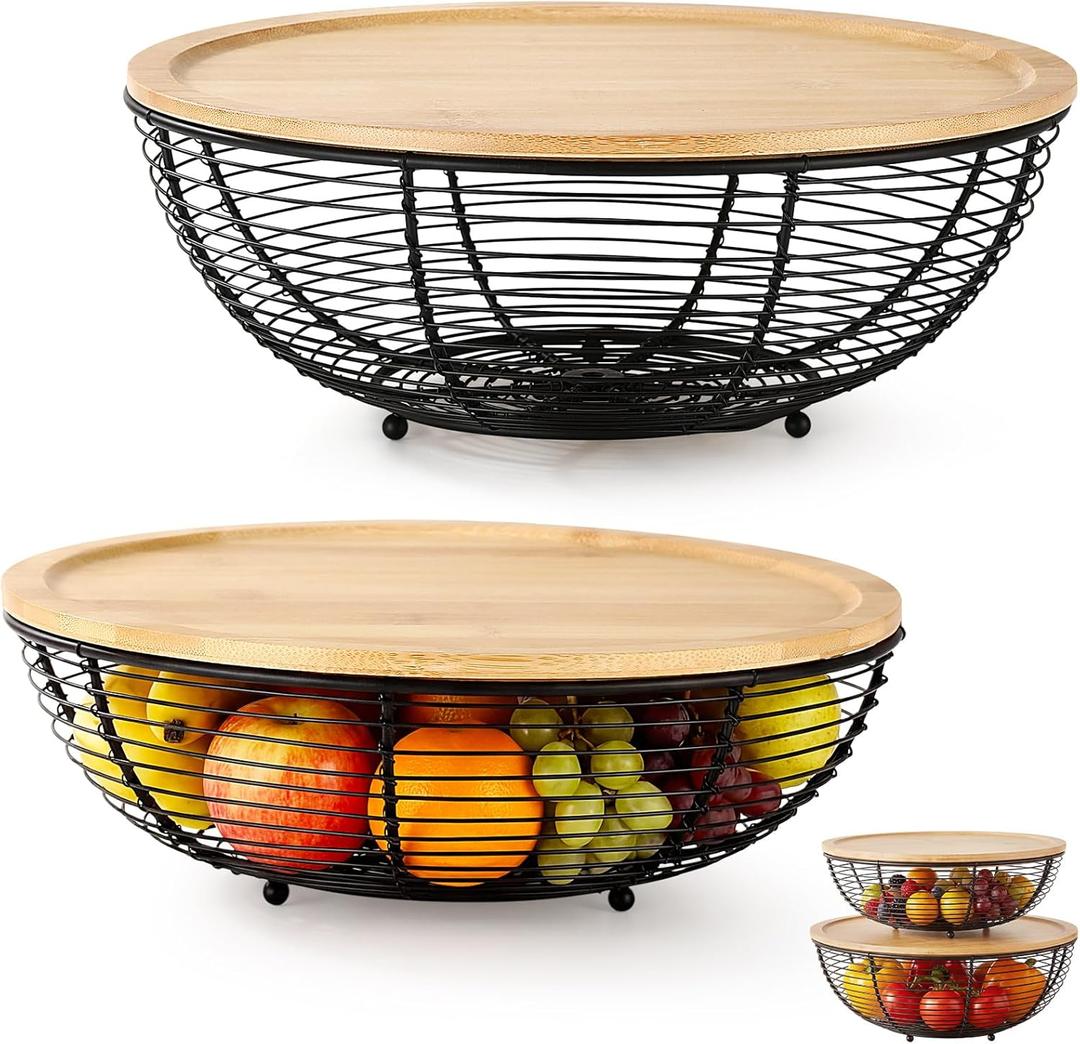 2 Set Stackable Fruit Basket with Bamboo Lid 11.5 &10.5 Inch Black Metal Wire Large Fruit Bowl for Kitchen Counter Pantry Organizer and Storage for Veggie, Snacks