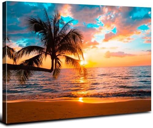 Beach Wall Art Palm Tree Wall Art Bathroom Sunset Coastal Landscape Pictures Tropical Wall Decor for Living Room Canvas Ocean Seascape Poster Nature Painting Print Bedroom Office Home Decoration 12x16