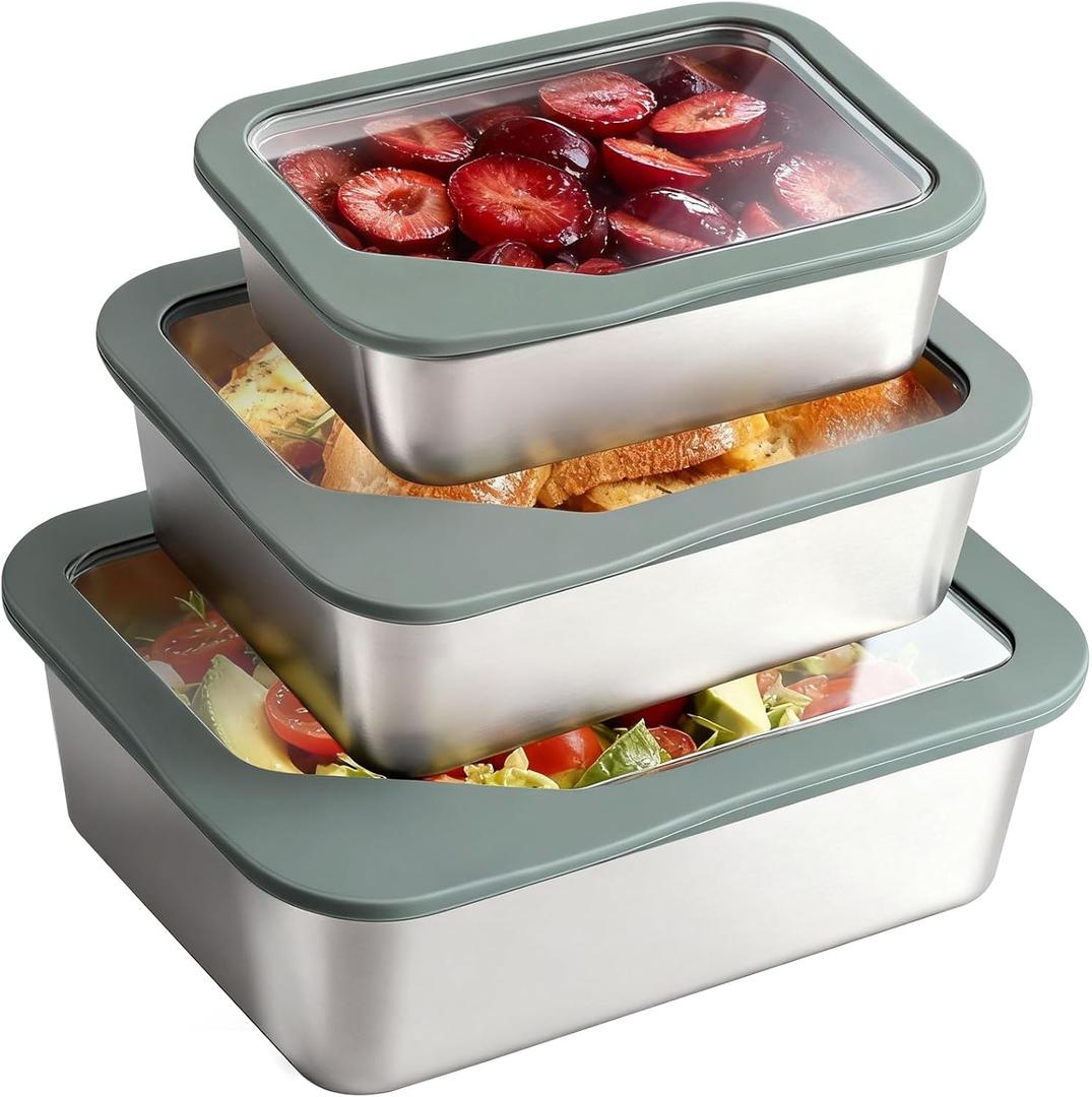 Stainless Steel Food Storage Container with Glass Lids, 3 Pack Nested Lunch Boxes, Airtight Lid Food Container for Sandwiches, Snacks, Meal Prep and Kitchen Storage (Green)